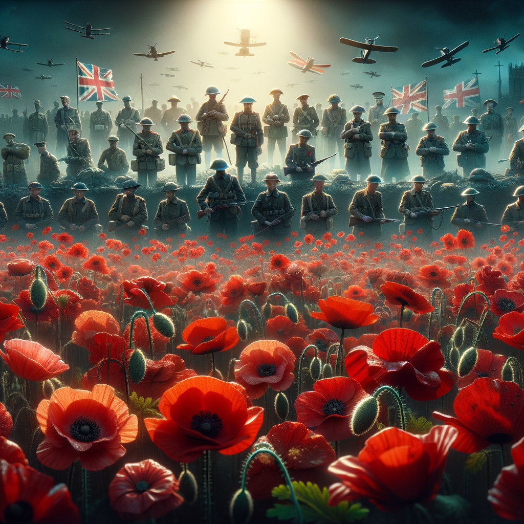 Soldiers in Formation Among Poppies and Vintage Aircraft