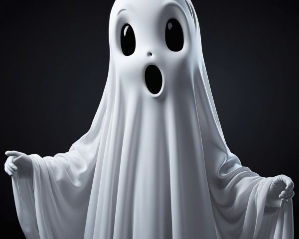 Cartoonish Ghost in Dramatic, Dimly Lit Setting