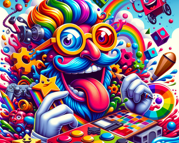 Whimsical Illustration of a Colorful Character and Tools