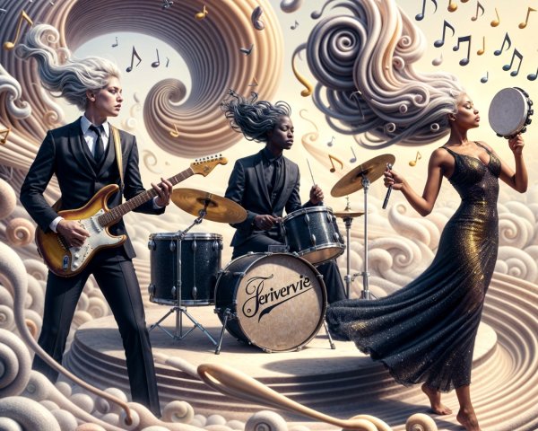 Musicians in a Whimsical Scene with Clouds and Notes