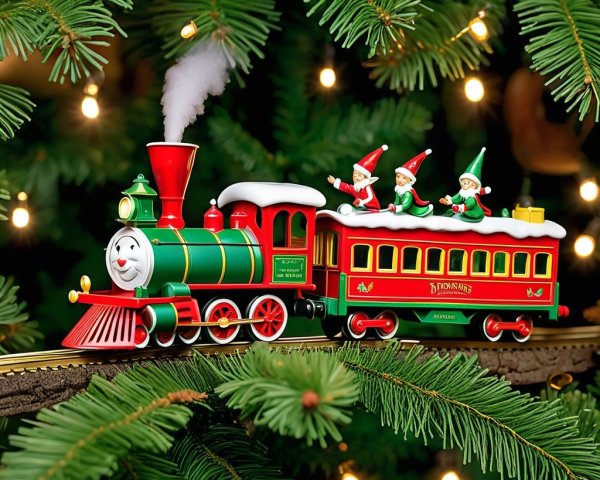 Whimsical Christmas Train Scene with Elves and Tree