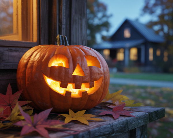 Cheerful Jack-o'-Lantern Surrounded by Autumn Leaves