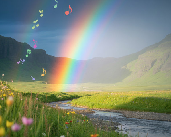 Vibrant Rainbow Over Serene Landscape with Flowers