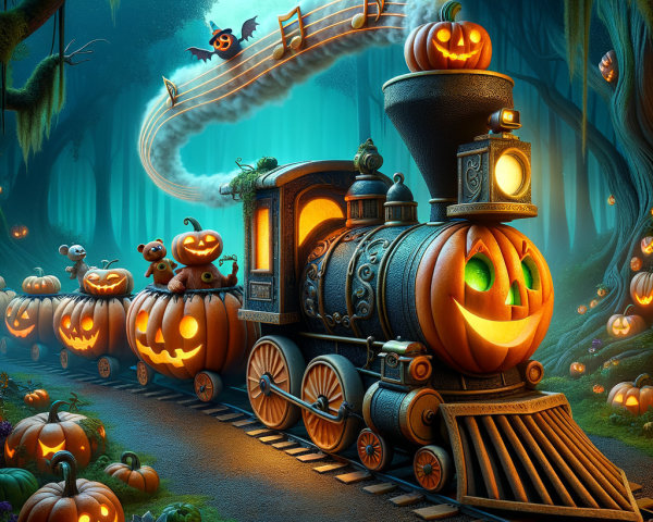 Whimsical Pumpkin Train in Enchanted Forest