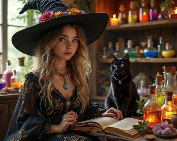 Young woman in witch's hat at rustic table with potions