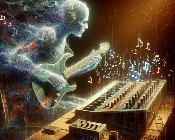 Ghostly Musician with Guitar in Surreal Studio Setting