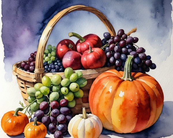 Illustration of a Fruit and Vegetable Basket in Watercolor