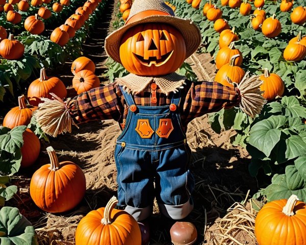Cheerful Scarecrow in Pumpkin Patch Under Blue Sky