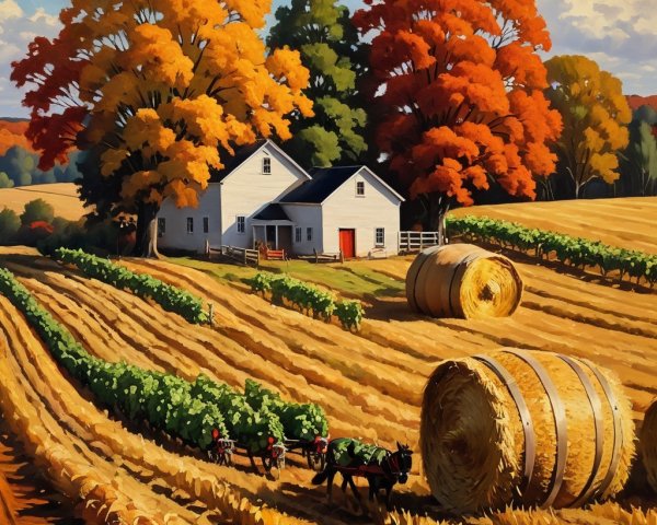Charming Autumn Landscape with Farmhouse and Horses