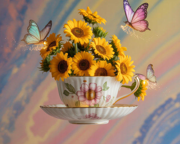 Porcelain Teacup with Sunflowers and Butterflies