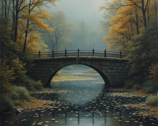 Autumn Scene with Stone Bridge and Tranquil River