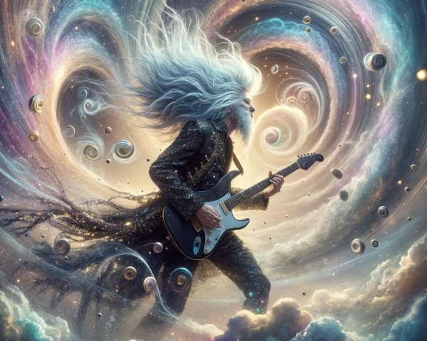 Cosmic Musician in Celestial Landscape with Guitar