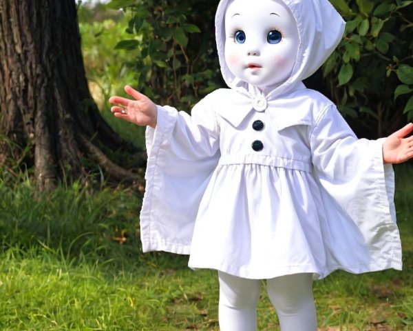 Whimsical Doll in Hooded Cape Surrounded by Greenery