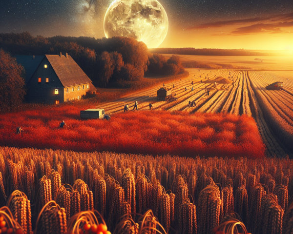 Serene Countryside at Dusk with Vibrant Fields and Moon
