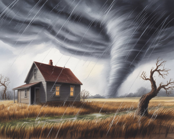 Weathered House in Field Under Stormy Skies and Tornado