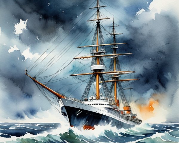 Tall Ship in Turbulent Seas with Dramatic Watercolors