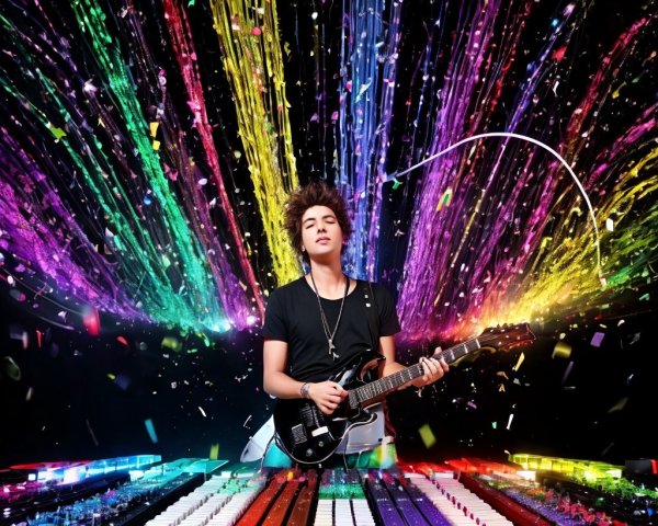 Young Musician with Electric Guitar in Colorful Scene