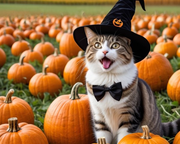 Playful Cat in Witch Hat Among Vibrant Pumpkins