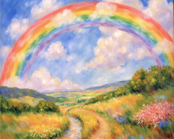 Vibrant Landscape with Rainbow and Wildflower Valley