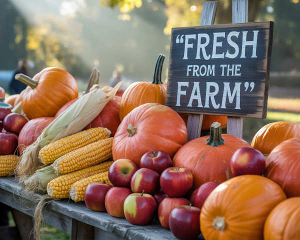 Rustic Table with Pumpkins, Apples, and Corn Display