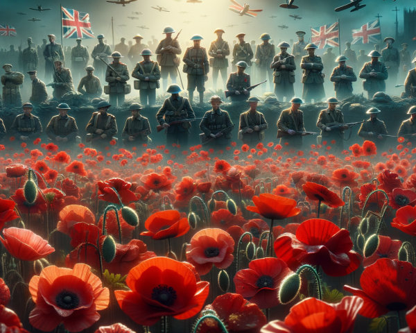 Soldiers in Formation Among Poppies and Vintage Aircraft