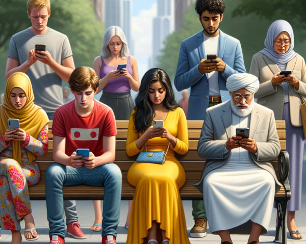 Diverse Group Using Smartphones in City Park Setting