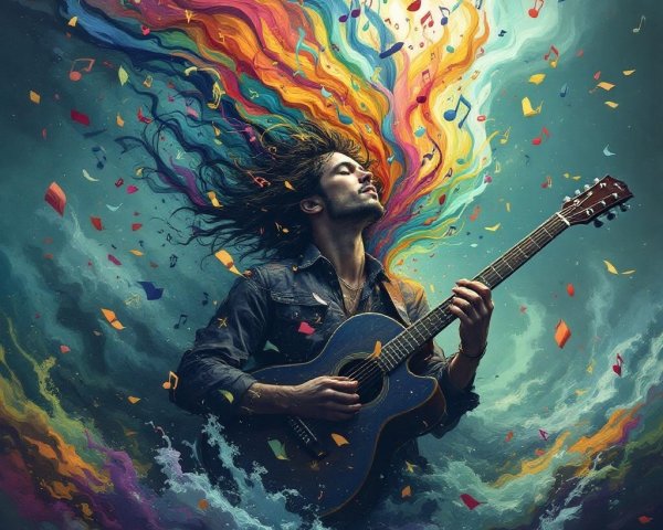 Guitarist Surrounded by Colorful Musical Imagery