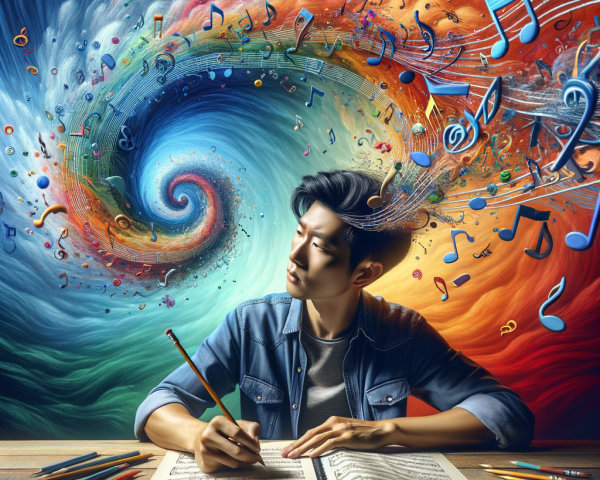 Young Man Composing Music Amidst Colorful Background