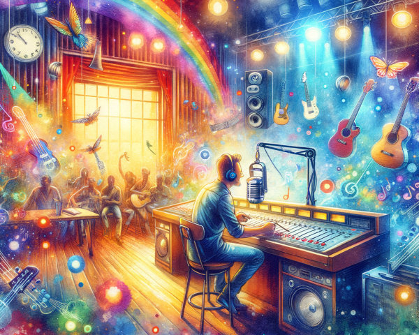 Vibrant Recording Studio with Musicians and Sound Engineer