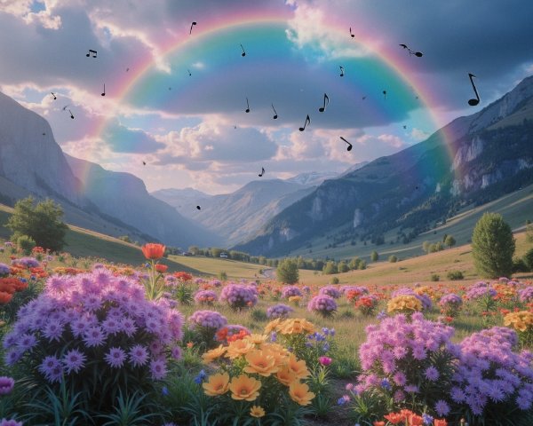 Vibrant meadow with flowers, mountains, and rainbow