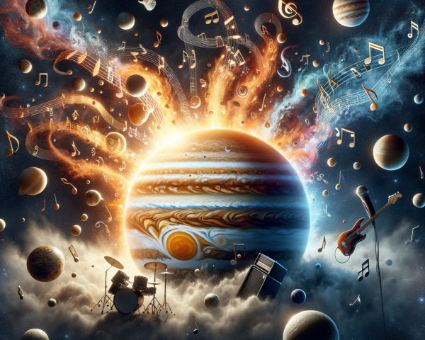 Vibrant Cosmic Scene with Planet and Musical Elements