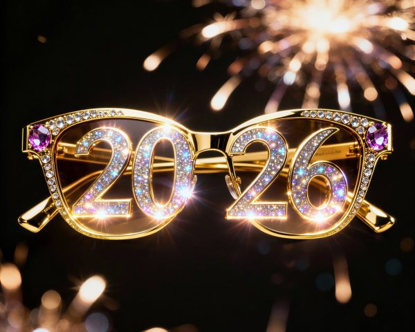 Golden 2026 Novelty Glasses with Diamonds and Gemstones