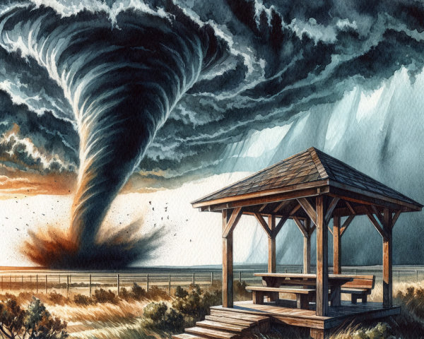 Dramatic Landscape of Tornado and Gazebo Amid Storm