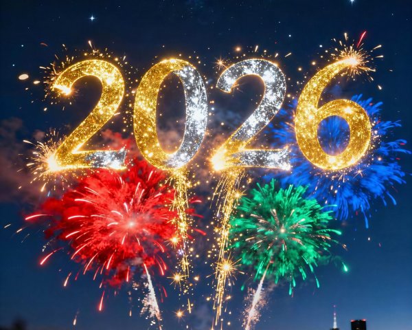 2026 Displayed in Fireworks Against Night Sky