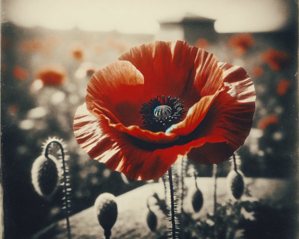 Red Poppy Flower with Soft-Focus Field Background