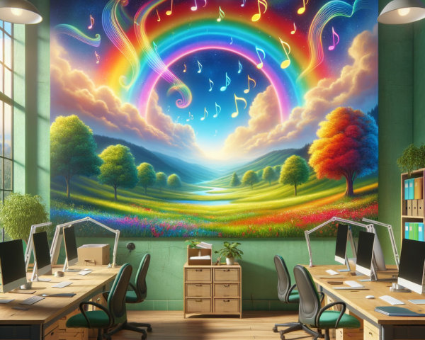 Vibrant Mural in Modern Office Space with Rainbow Theme