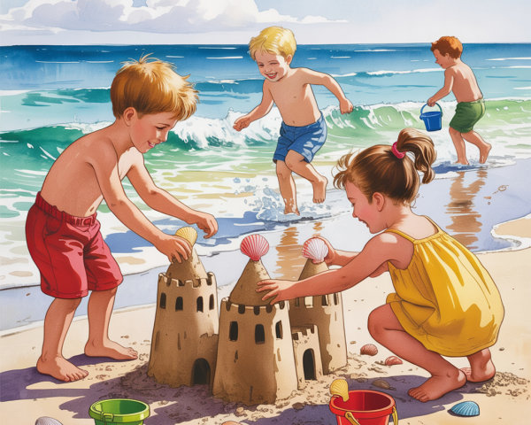 Children Building Sandcastle on a Sunny Beach Day