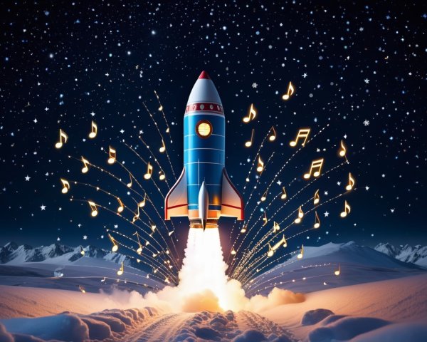 Colorful Toy Rocket Launching in Snowy Mountain Scene