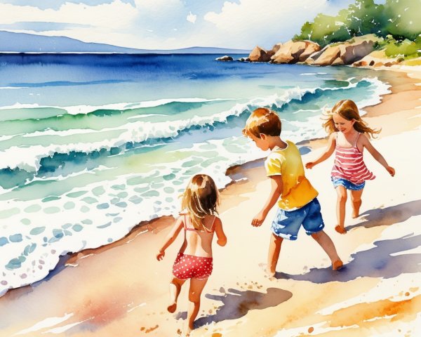Children Playing on a Sandy Beach on a Sunny Day