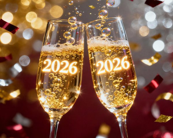 Champagne Glasses with 2026 Numbers and Bokeh Lights