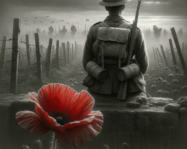 Solitary Soldier in Somber Battlefield Scene