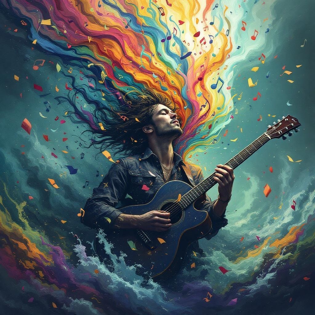 Guitarist Surrounded by Colorful Musical Imagery
