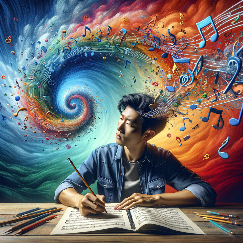 Young Man Composing Music Amidst Colorful Background