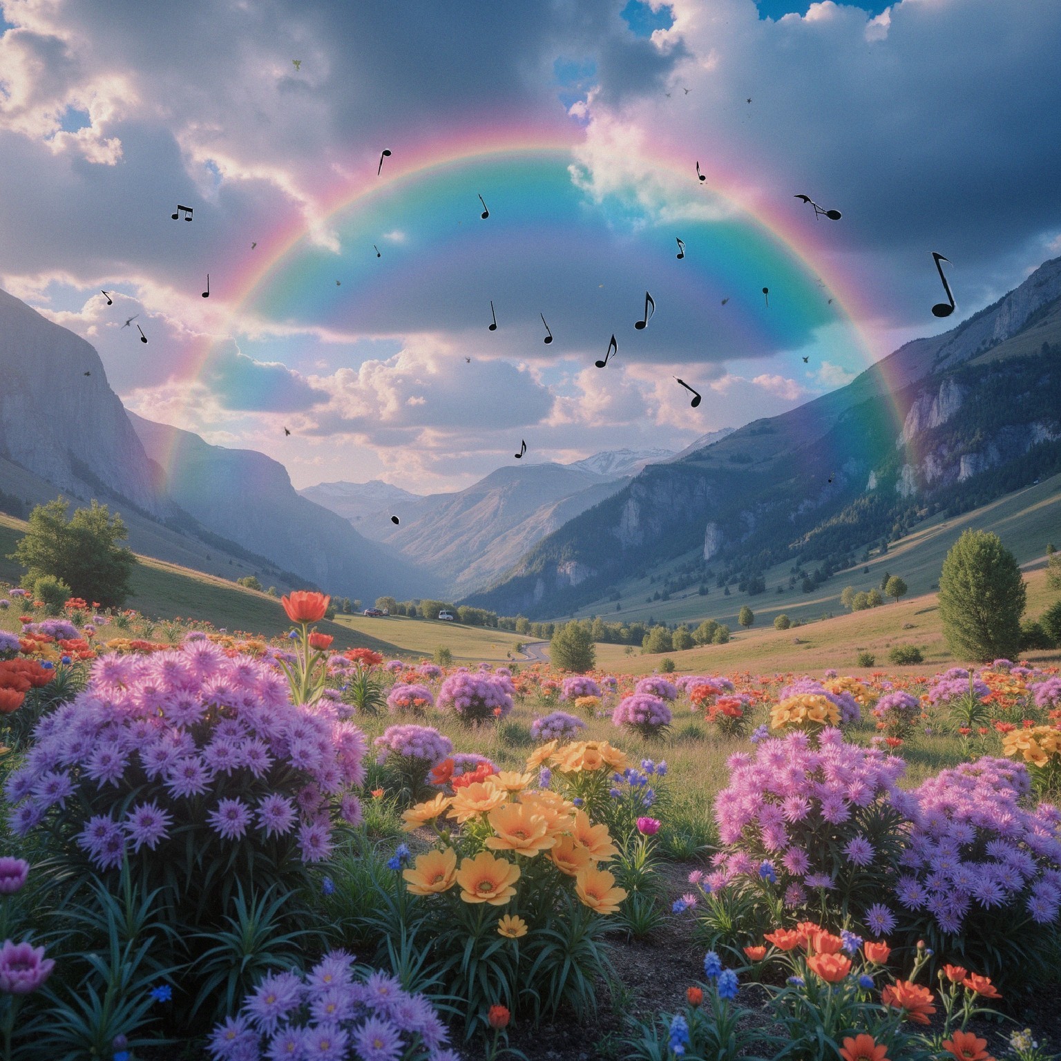 Vibrant meadow with flowers, mountains, and rainbow