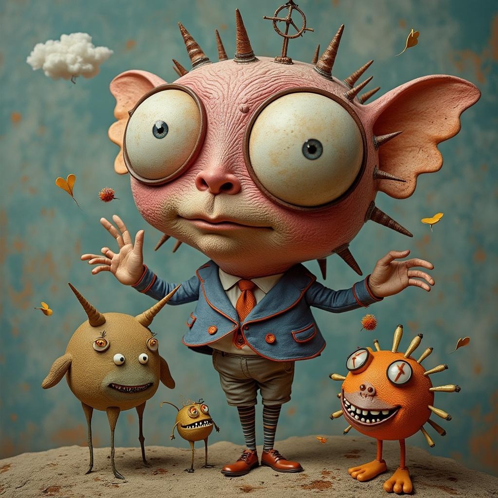 Cartoon Character with Quirky Creatures in Blue Suit
