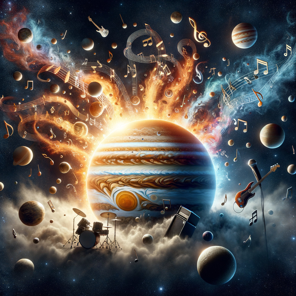 Vibrant Cosmic Scene with Planet and Musical Elements