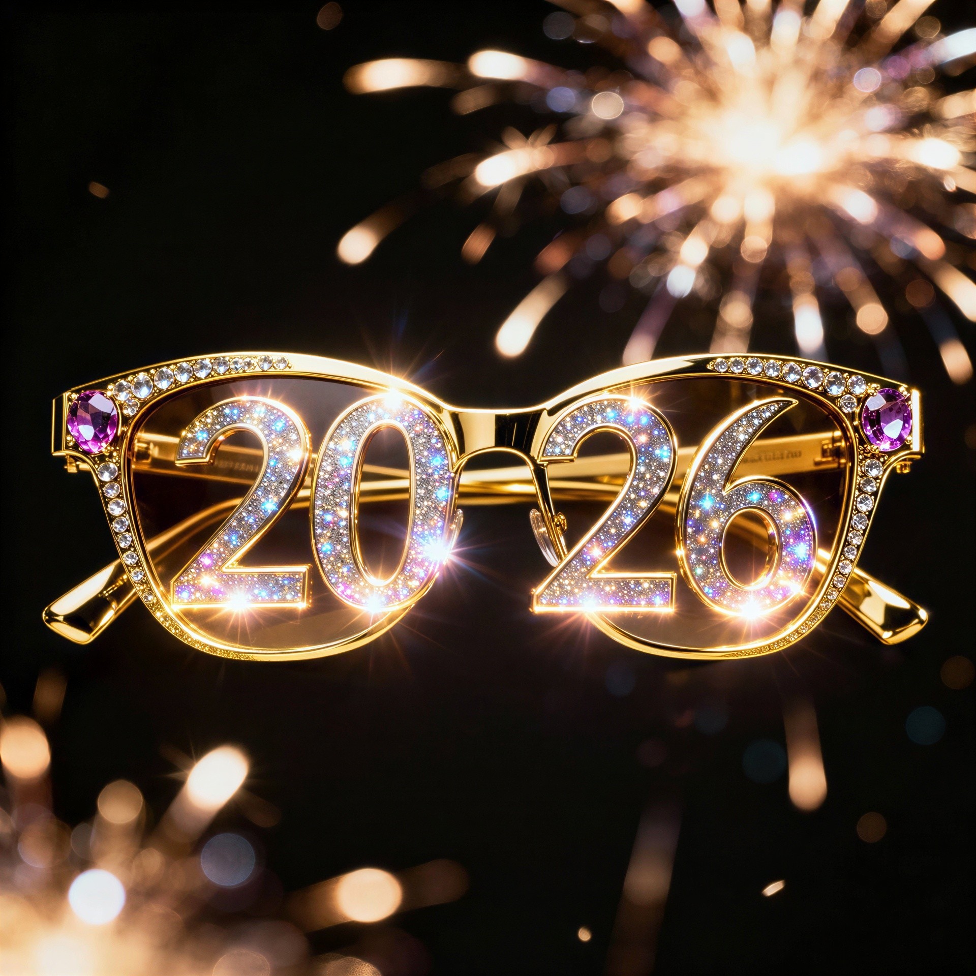 Golden 2026 Novelty Glasses with Diamonds and Gemstones