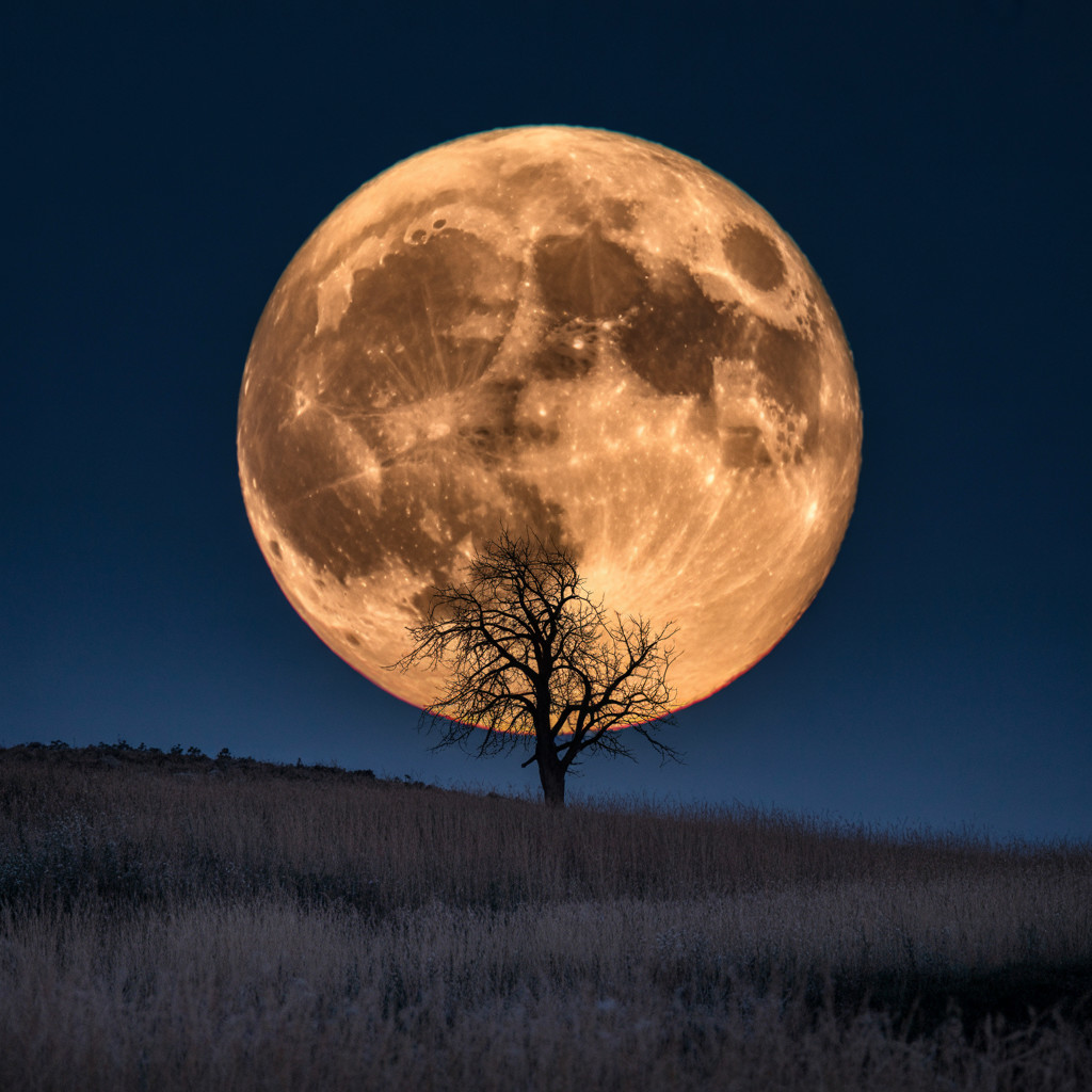 Luminous Moon Over Serene Landscape with Silhouetted Tree