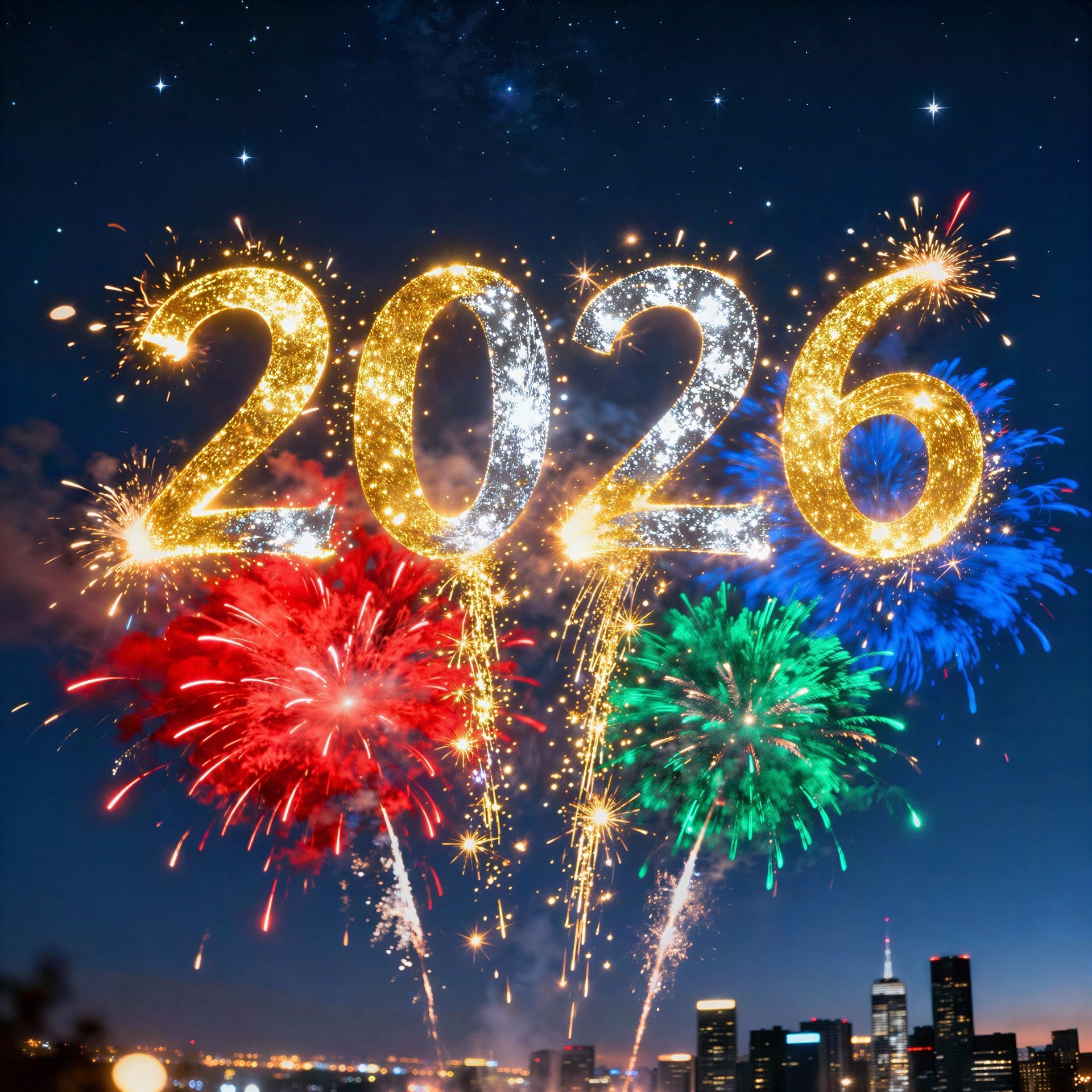 2026 Displayed in Fireworks Against Night Sky