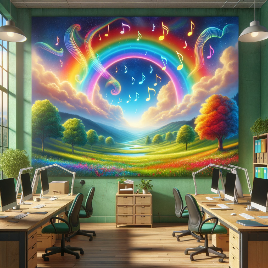 Vibrant Mural in Modern Office Space with Rainbow Theme